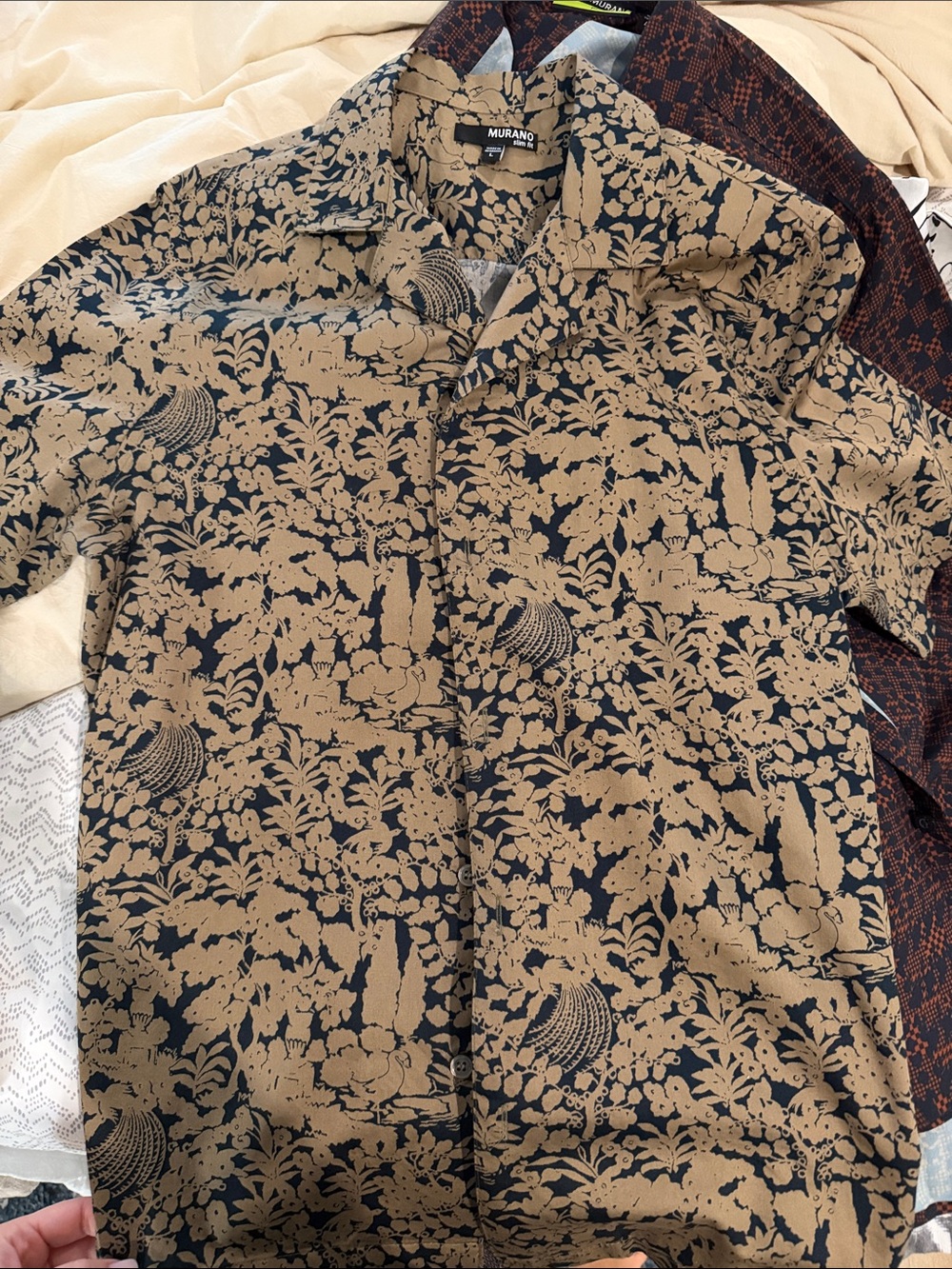 Murano Black and Tan Floral-Patterned Lightweight Shirt